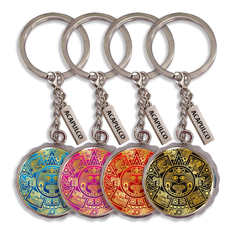 Llavero corcholata de metal calendario Azteca, Souvenir de Acapulco, México.
