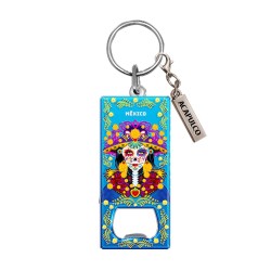 Llavero destapador de metal con una catrina. Souvenir de Acapulco, México.