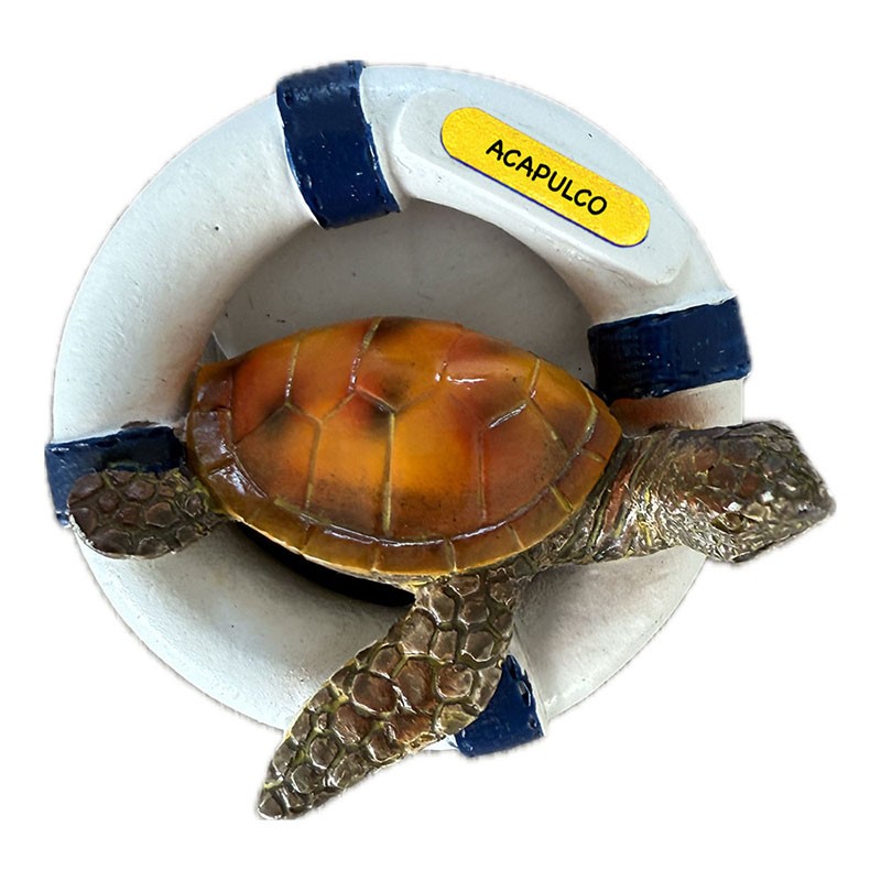 Magneto de resina tortuga con salvavida. Souvenir de Acapulco, México