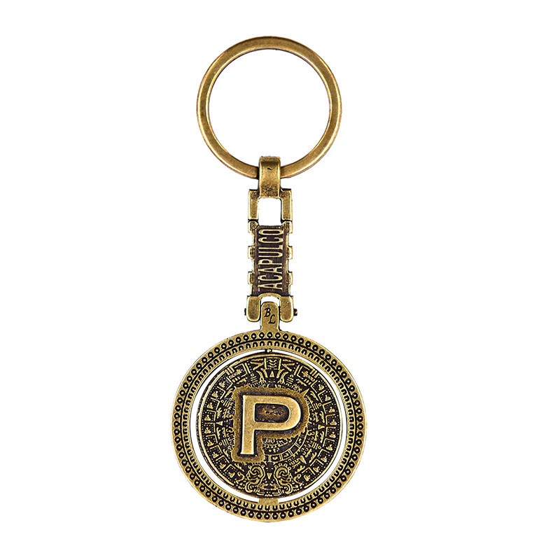 Llavero de latón letra P con Calendario Azteca, souvenir o regalo de Acapulco, Mexico.