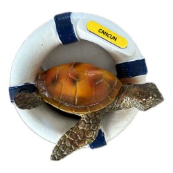 Magneto de resina tortuga con salvavida. Souvenir de Cancún, México