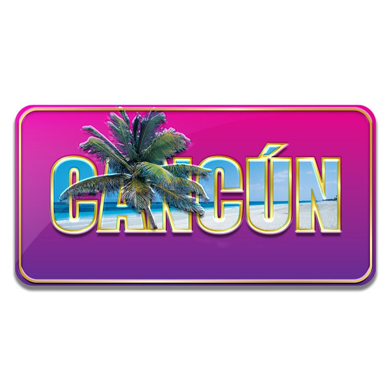 Iman en relieve "Cancun" fondo rosa. Souvenir y recuerdo de Cancun.