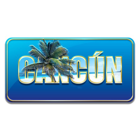 Iman en relieve "Cancun" fondo azul. Souvenir y recuerdo de Cancun.