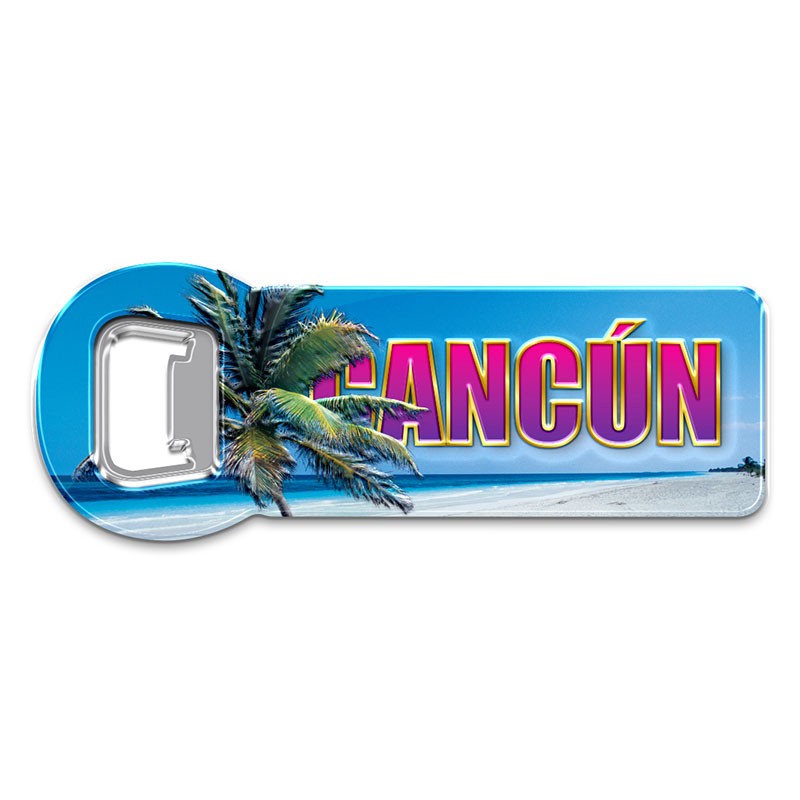 Destapador de Metal playa con palmera, souvenir y recuerdo de Cancun.