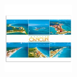 Tarjeta postal con varias vistas de Cancún, souvenir y recuerdo de Cancun, México
