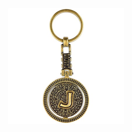 Llavero de latón letra J con Calendario Azteca, souvenir o regalo de México