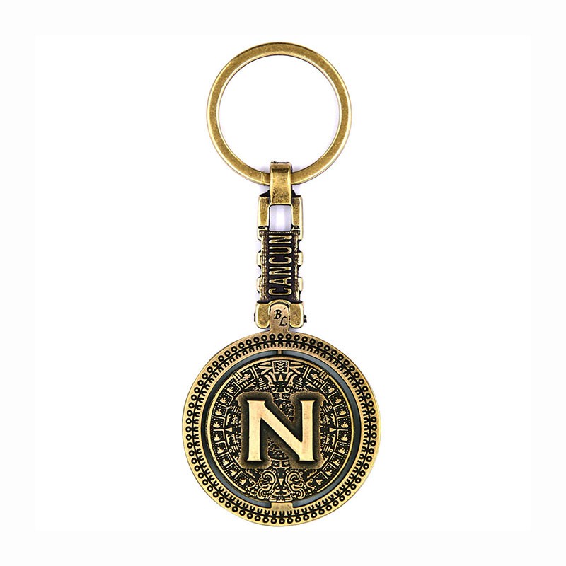 Llavero de latón letra N con Calendario Azteca, souvenir o regalo de México