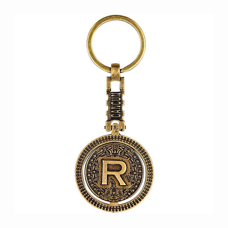 Llavero de latón letra R con Calendario Azteca, souvenir o regalo de México