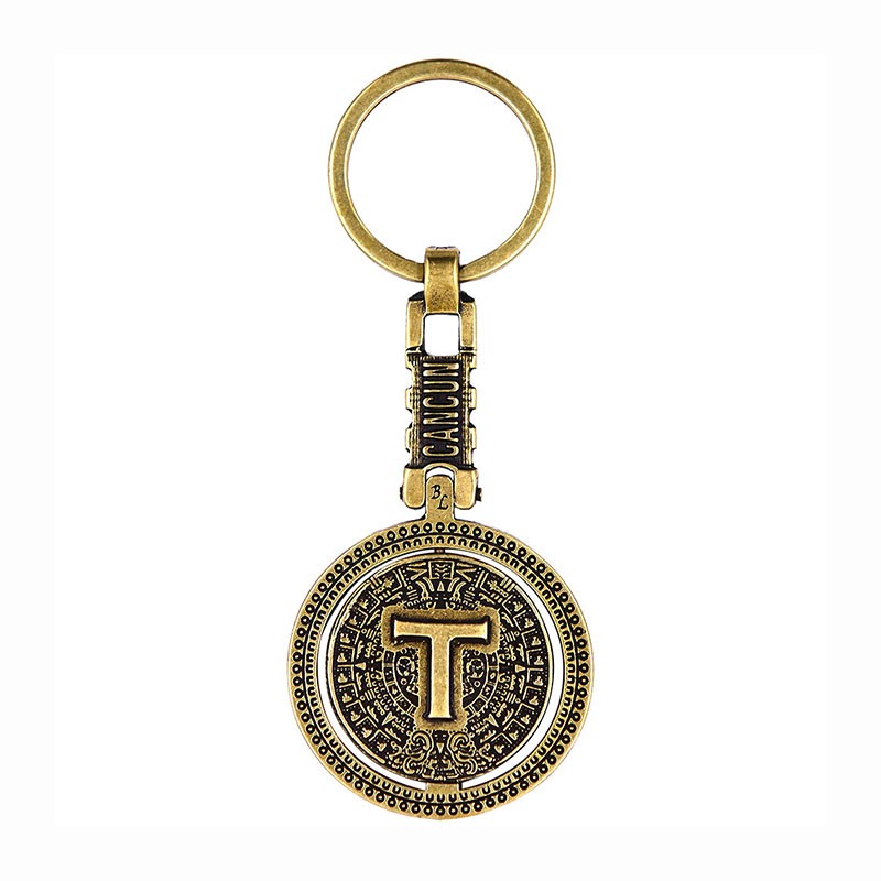 Llavero de latón letra T con Calendario Azteca, souvenir o regalo de México
