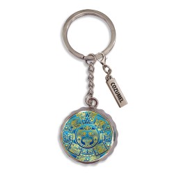 Llavero destapador corcholata de metal con calendario Azteca. Souvenir de Cozumel, Mexico