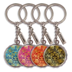 Llavero destapador corcholata de metal con calendario Azteca. Souvenir de Cozumel, Mexico