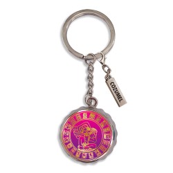 Llavero destapador corcholata de metal con calendario Maya. Souvenir de Cozumel, Mexico