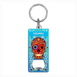 Llavero destapador de metal con calavera. Souvenir de Cozumel, Mexico