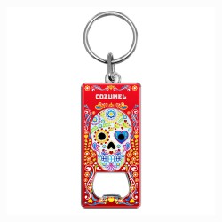 Llavero destapador de metal con calavera. Souvenir de Cozumel, Mexico