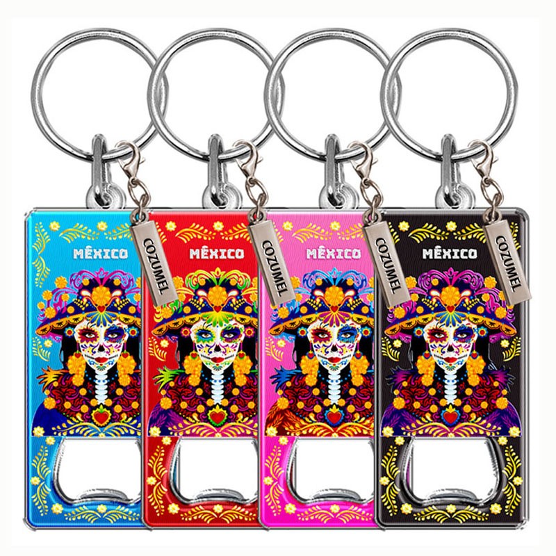 Llavero destapador de metal con catrina. Souvenir de Cozumel, Mexico