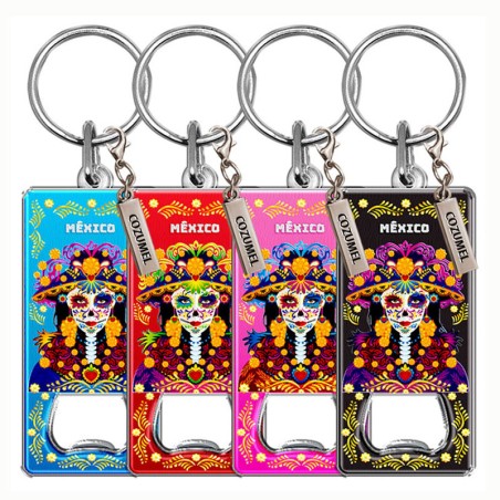 Llavero destapador de metal con catrina. Souvenir de Cozumel, Mexico