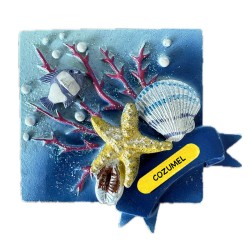 Magneto de resina con unas conchas y un coral. Souvenir de Cozumel, México