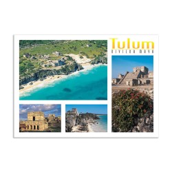 Tarjeta postal con varias vistas de Tulum, souvenir y recuerdo de Cozumel, Mexico