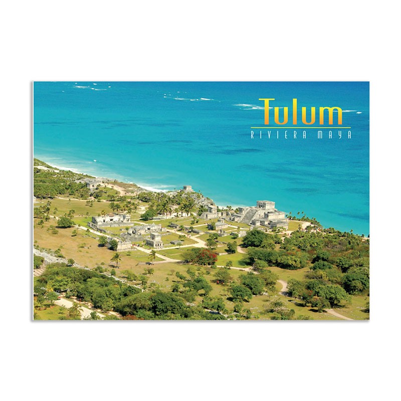 Tarjeta postal con vista aerea de Tulum, souvenir y recuerdo de Cozumel, Mexico
