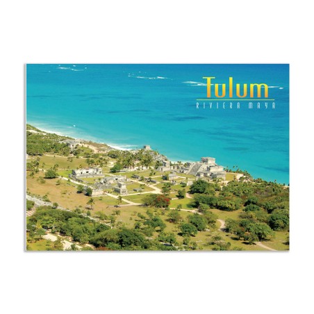 Tarjeta postal con vista aerea de Tulum, souvenir y recuerdo de Cozumel, Mexico