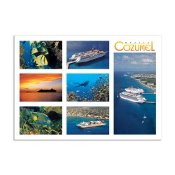 Tarjeta postal con varias vistas de la isla de Cozumel, souvenir y recuerdo de Mexico