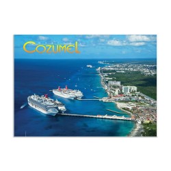 Tarjeta postal con vista de la costa de Cozumel y sus muelles, souvenir y recuerdo de Mexico