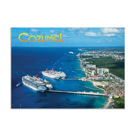 Tarjeta postal con vista de la costa de Cozumel y sus muelles, souvenir y recuerdo de Mexico