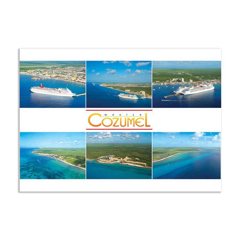 Tarjeta postal con 6 vistas de Cozumel, souvenir y recuerdo de Mexico