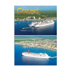 Tarjeta postal con vistas del Muelle Internacional y de Punta Langosta, souvenir y recuerdo de Cozumel, Mexico