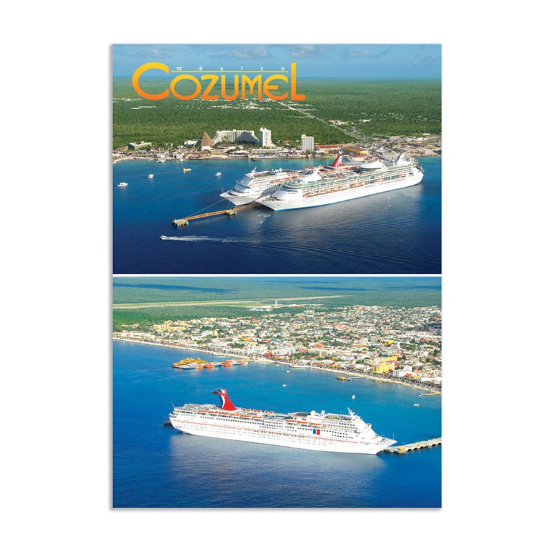 Tarjeta postal con vistas del Muelle Internacional y de Punta Langosta, souvenir y recuerdo de Cozumel, Mexico