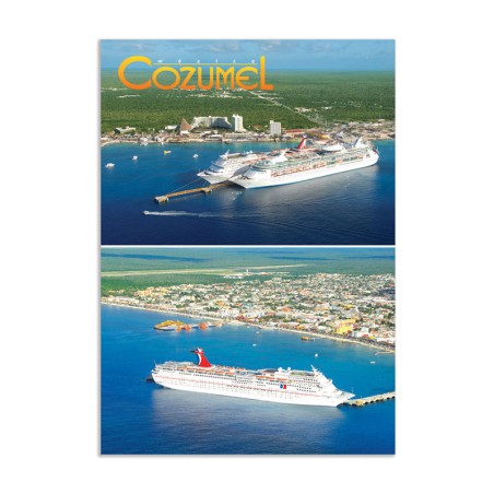 Tarjeta postal con vistas del Muelle Internacional y de Punta Langosta, souvenir y recuerdo de Cozumel, Mexico