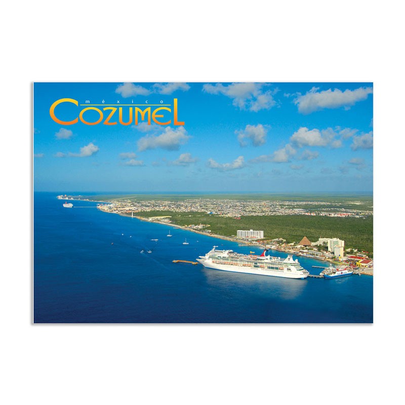 Tarjeta postal con vista aerea de la costa oeste, souvenir y recuerdo de Cozumel, Mexico