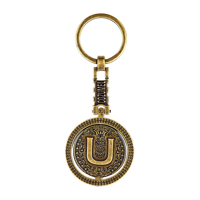 Llavero de laton letra U con Calendario Azteca, souvenir o regalo de Cozumel Mexico