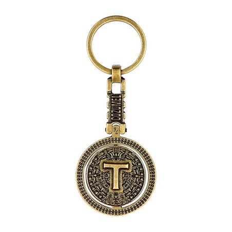 Llavero de laton letra T con Calendario Azteca, souvenir o regalo de Cozumel Mexico