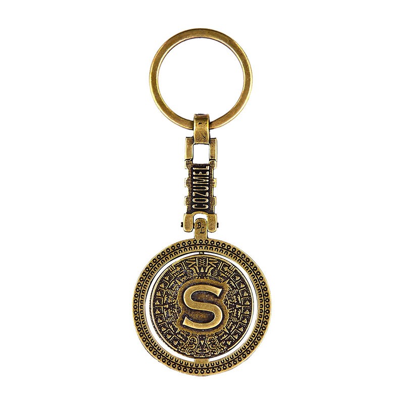 Llavero de laton letra S con Calendario Azteca, souvenir o regalo de Cozumel Mexico