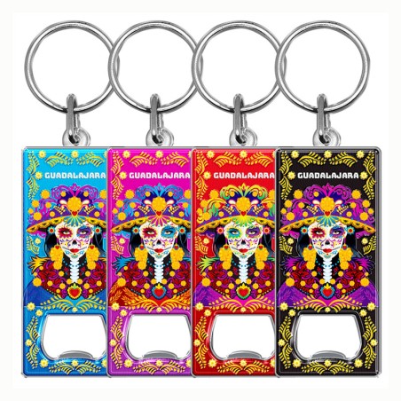 Llavero destapador de metal con una catrina. Souvenir de Guadalajara, México.