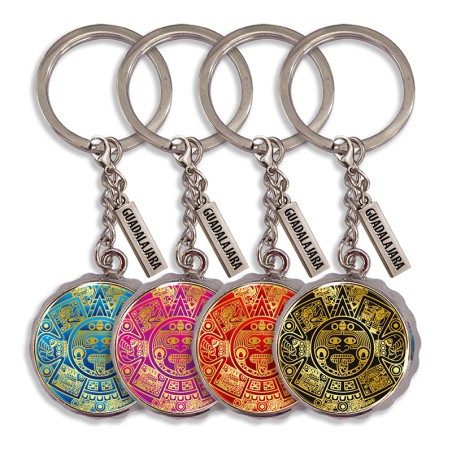 Llavero corcholata de metal calendario Azteca, Souvenir de Guadalajara, México.