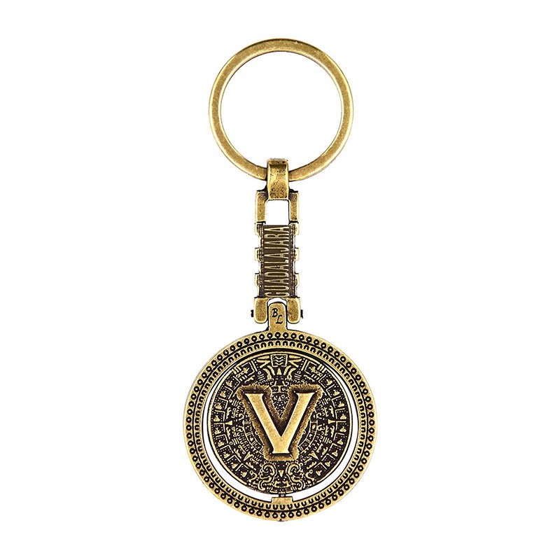 Llavero de latón letra V con Calendario Azteca, souvenir o regalo de Guadalajara.