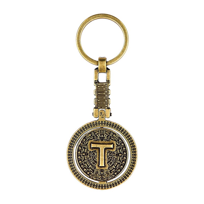 Llavero de latón letra T con Calendario Azteca, souvenir o regalo de Guadalajara.