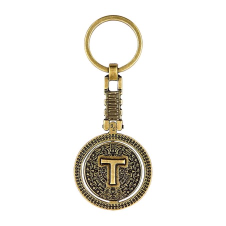Llavero de latón letra T con Calendario Azteca, souvenir o regalo de Guadalajara.