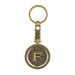 Llavero de latón letra F con Calendario Azteca, souvenir o regalo de Guadalajara.
