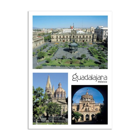 Tarjeta postal con el Palacio de Gobierno, la Catedral y el Instituto Cabañas, souvenir y recuerdo de Guadalajara.