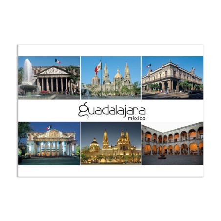 Tarjeta postal con 6 Vistas de dia y noche, souvenir y recuerdo de Guadalajara.