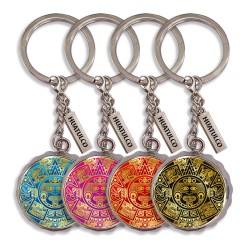 Llavero corcholata de metal calendario Azteca, Souvenir de Huatulco, México.