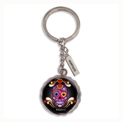 Llavero corcholata de metal calavera, Souvenir de Huatulco, México.