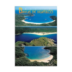 Tarjeta postal con 3 vistas de las Bahias de Huatulco, souvenir y recuerdo de Huatulco, México