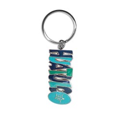 Llavero de metal con el nombre de Huatulco. Souvenir de Huatulco, Mexico