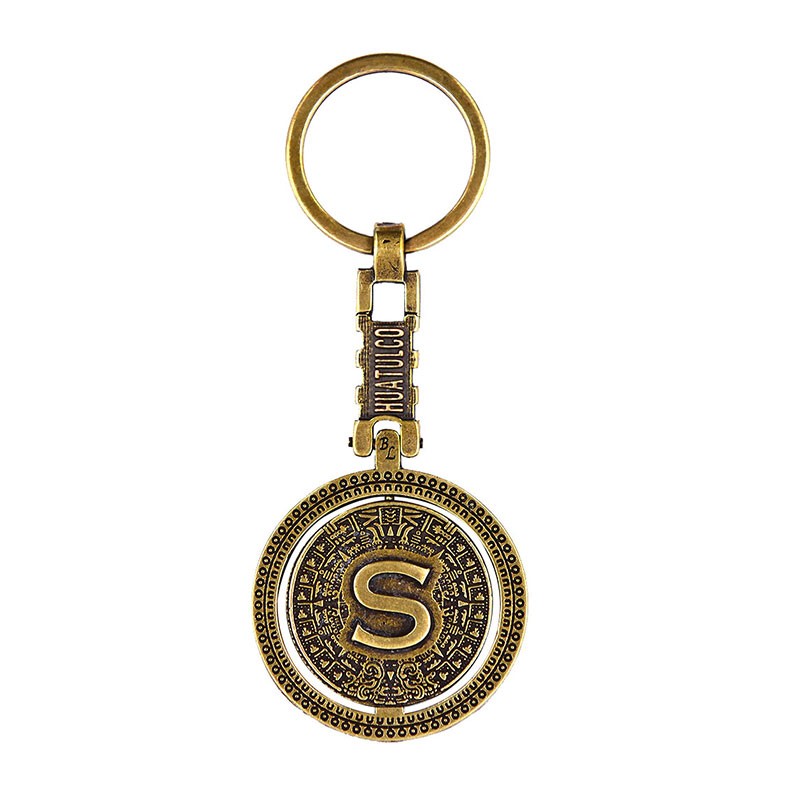 Llavero de laton letra S con Calendario Azteca, souvenir o regalo de Huatulco Mexico