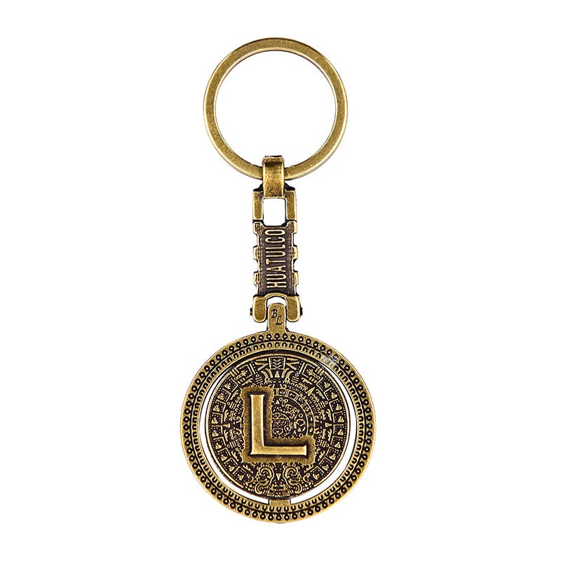 Llavero de laton letra L con Calendario Azteca, souvenir o regalo de Huatulco Mexico
