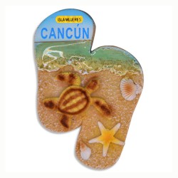 4 magnetos de resina en forma de chancla con ilustraciones de playa